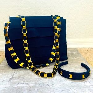 Vintage Ferragamo Layered Dark Navy Bag with Gold tone Vara Chain & Headband